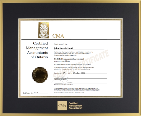 Satin gold metal frame with double mat board (BLK/GLD) for HORIZONTAL CMA Ontario designation